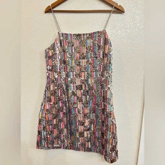 Nasty Gal Multi Color Sequin Checkerboard Mini Dress Sparkly Festival Party Sz10 - Picture 4 of 9